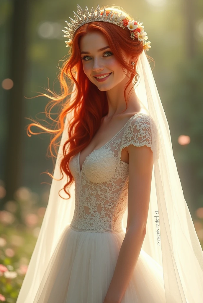 A white woman dressed as a bride with red hair a crown on her head a veil in her hair smiling