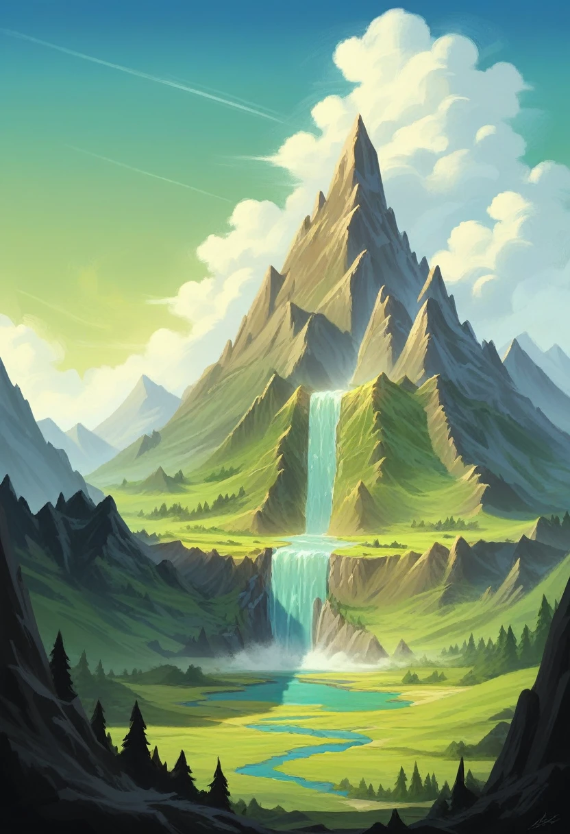 mountains with a waterfall and some trees in the foreground, stunning fantasy landscape, an epic landscape, dark fantasy painting，cute, fantasy art landscape, most epic landscape, 4k hd matte digital painting, epic fantasy landscape, highly detailed digital art in 4k, epic landscape de fantasia onírica, epic landscape, 4k matte painting, ross tran. scenic background
