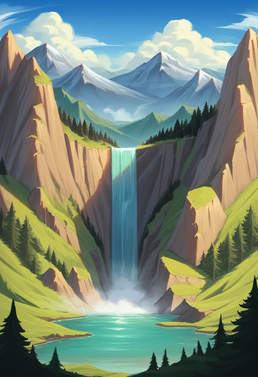 mountains with a waterfall and some trees in the foreground, stunning fantasy landscape, an epic landscape, dark fantasy painting，cute, fantasy art landscape, most epic landscape, 4k hd matte digital painting, epic fantasy landscape, highly detailed digital art in 4k, epic landscape de fantasia onírica, epic landscape, 4k matte painting, ross tran. scenic background
