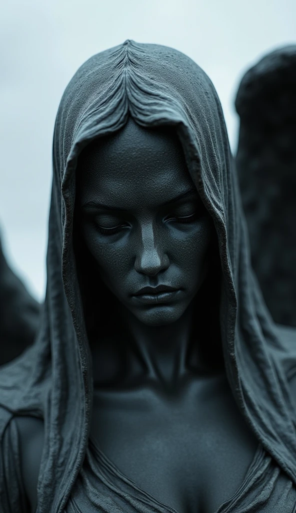 A close-up of the Black Angel's face, showing its downcast eyes and sorrowful expression. The statue's dark, weathered surface contrasts sharply with the cold, gray sky in the background