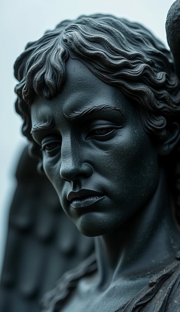 A close-up of the Black Angel's face, showing its downcast eyes and sorrowful expression. The statue's dark, weathered surface contrasts sharply with the cold, gray sky in the background