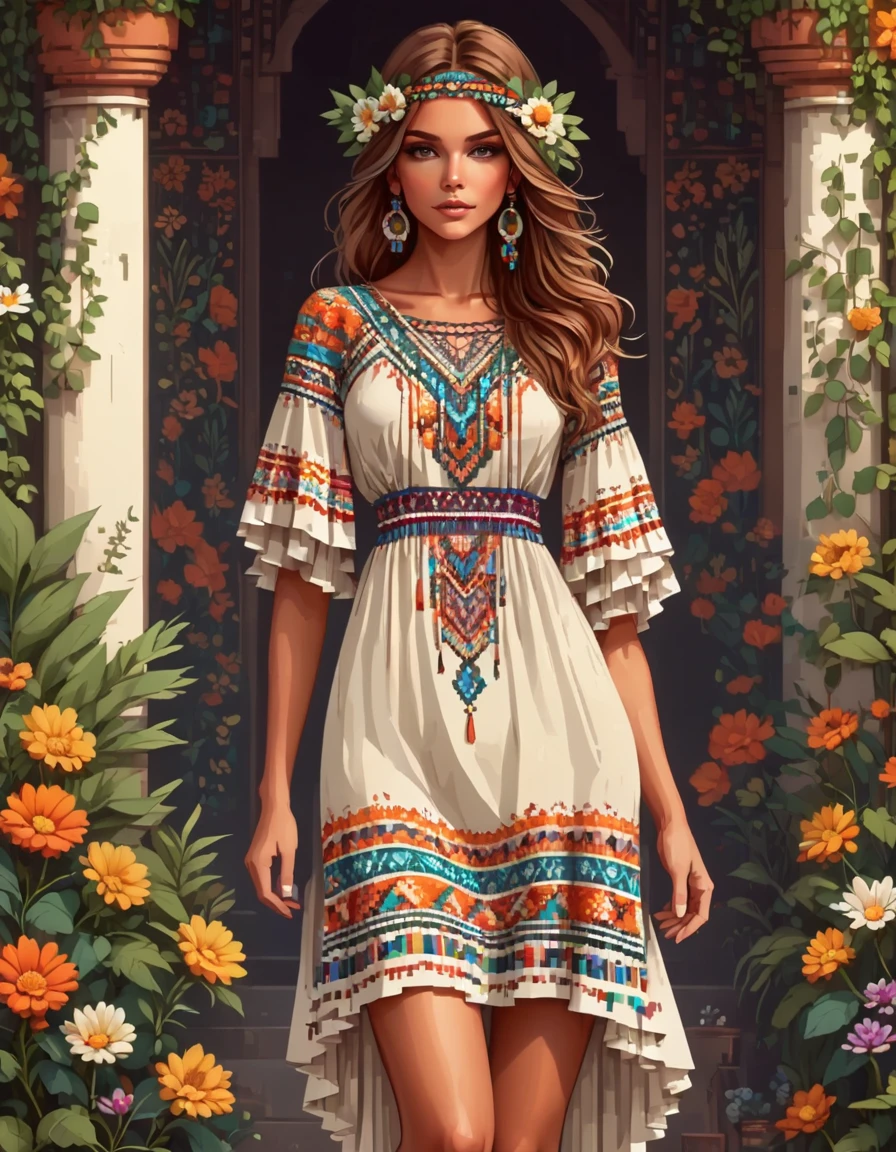 in style of Pixel art, a dress, full body, beautiful detailed，in style of Boho fashion design ,