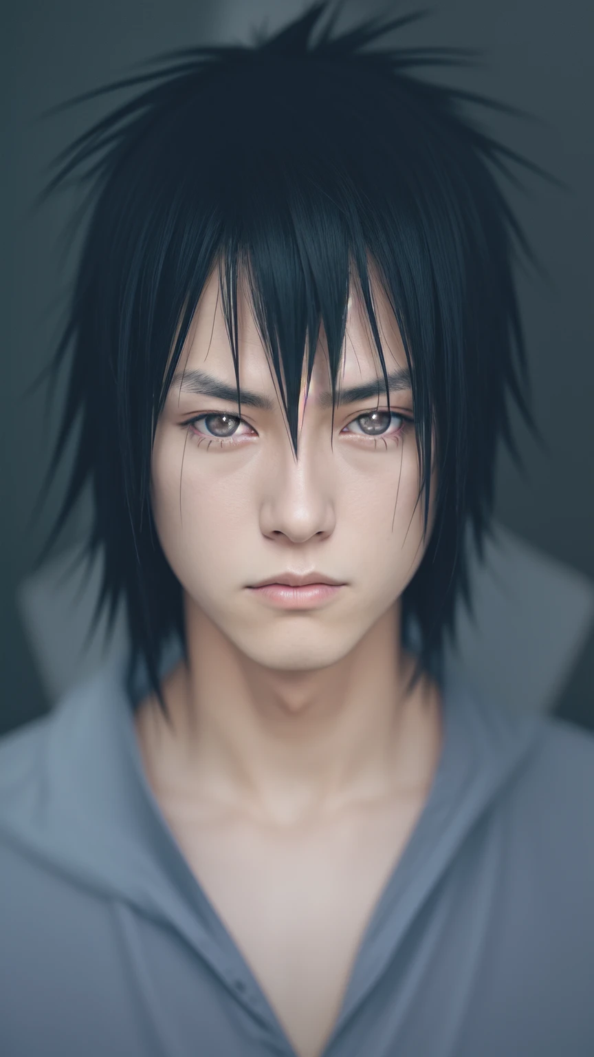 sasuke uchiha, solo, ((man)), ((young man)), 1boysolo1boy, solo, male_focus, black_hair, black_eyes, collarbone, closed_mouth, upper_body, spiked_hair, looking_at_viewer, bangs, shirt, hair_between_eyes, frown, looking_to_the_side, expressionless, cinematic, dramatic lighting photography, national geographic, photo, photography, Stoic, cinematic, 4k, epic, detailed photograph, shot on kodak detailed, cinematic, dark moody, volumetric fog