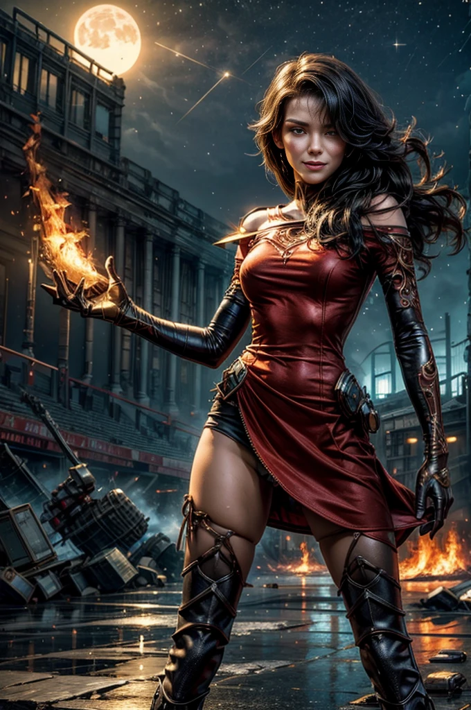 (masterpiece, best quality:1.2), cowboy shot, solo, 1girl, cinder fall, looking at viewer, long hair, red dress, elbow gloves, pantyhose, dynamic pose, standing holding flames, inside ancient wrecked stadium, burst water pipe, rubble, bonfires, crowd, night, stars, evil smile, post-apocalypse, dystopian future crowd, (volumetric lighting), sharp focus, hyper detailed