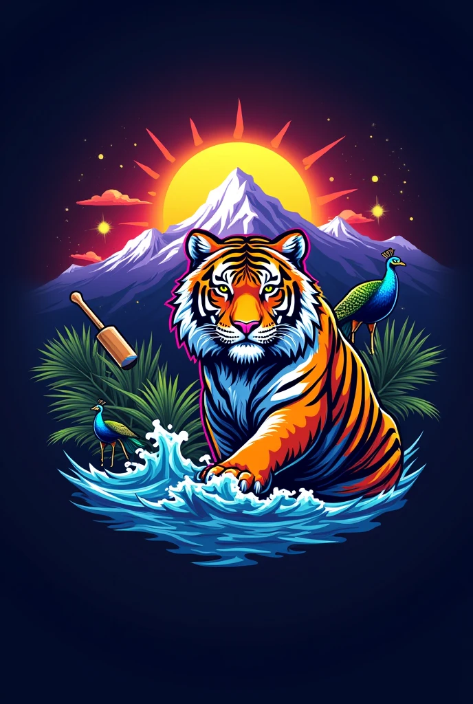 A logo with the combination of neon indian flag, royal bengal tiger, peacock,  hockey, ganga river, himalaya mountain and name Sidhartha
