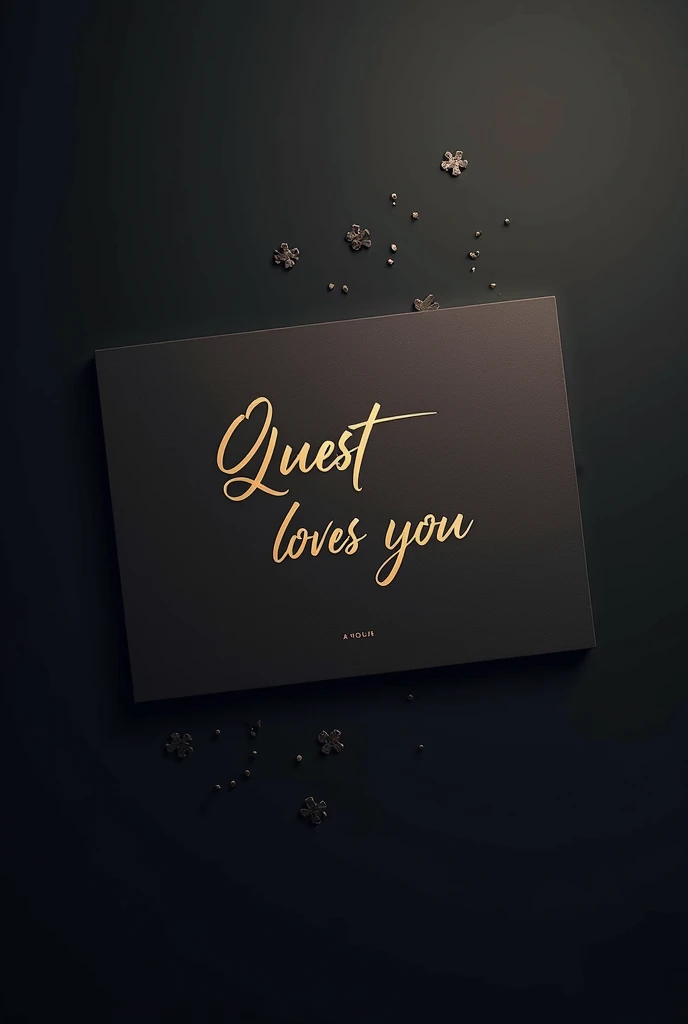 Make a wish card with the text "Quest loves you ! " . The design should be mature and elegant, no flowers or confetti .  Add a foot note "please go and marry" . Dark background 
