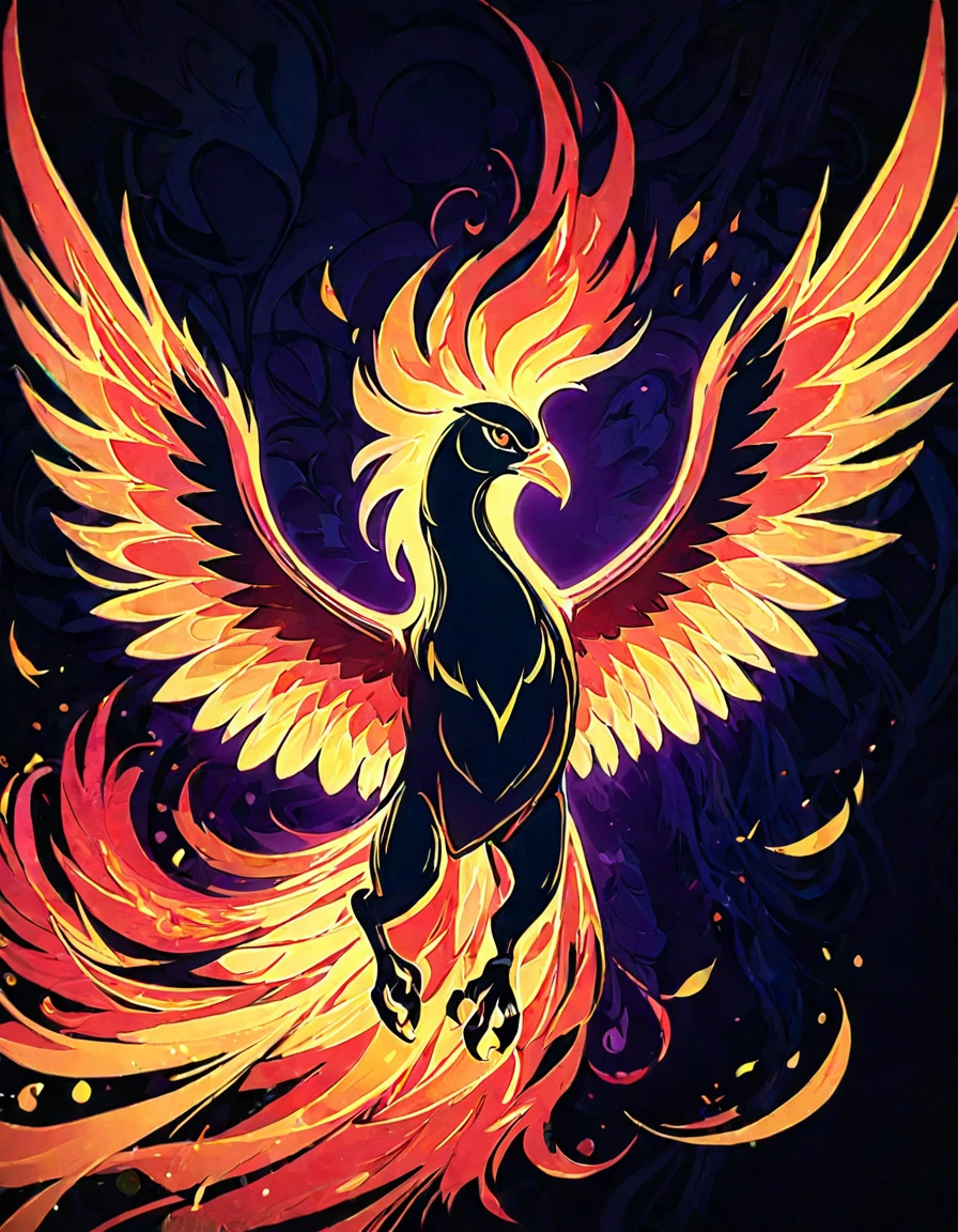 ((((black light poster art)))), design a captivating art piece featuring the essence of a mythical fire phoenix, with its feathers ablaze in radiant hues, surrounded by swirling flames and symbols of rebirth and transformation