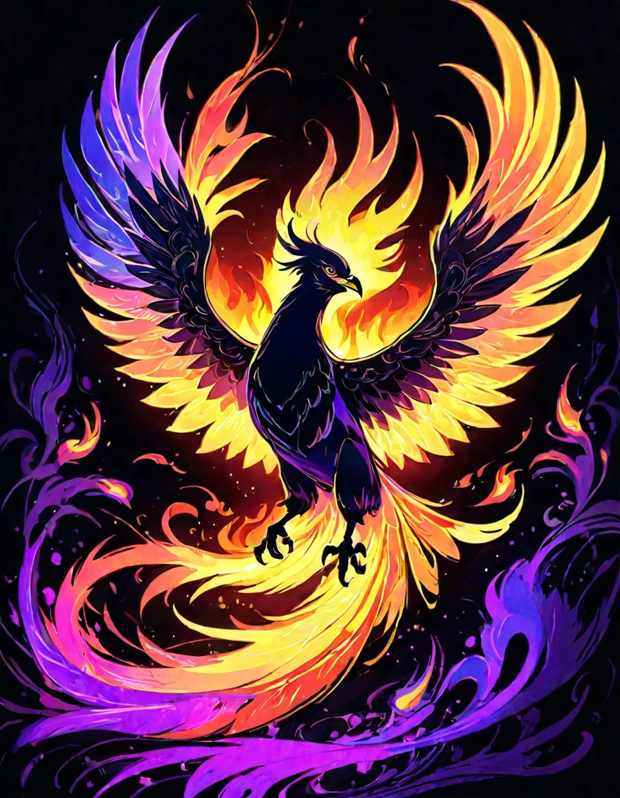 ((((black light poster art)))), design a captivating art piece featuring the essence of a mythical fire phoenix, with its feathers ablaze in radiant hues, surrounded by swirling flames and symbols of rebirth and transformation