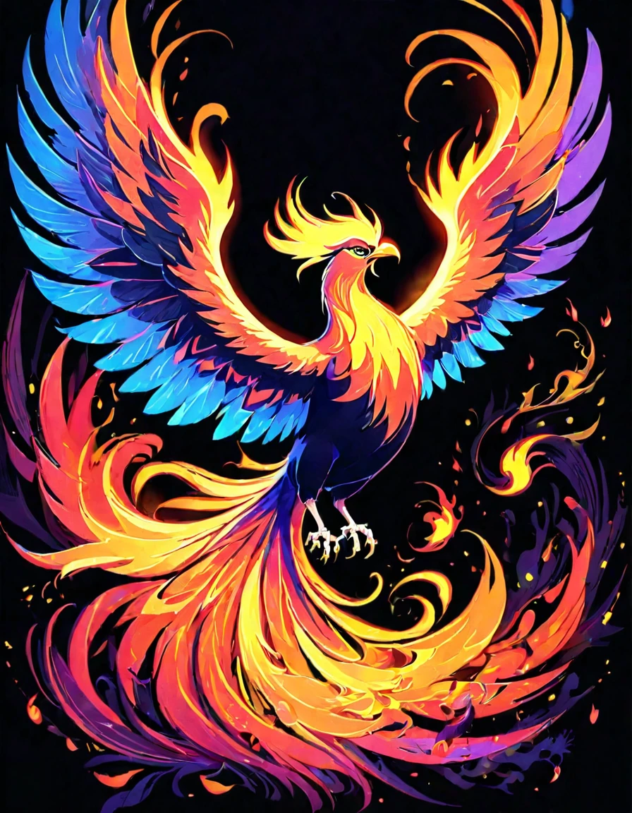 ((((black light poster art)))), design a captivating art piece featuring the essence of a mythical fire phoenix, with its feathers ablaze in radiant hues, surrounded by swirling flames and symbols of rebirth and transformation