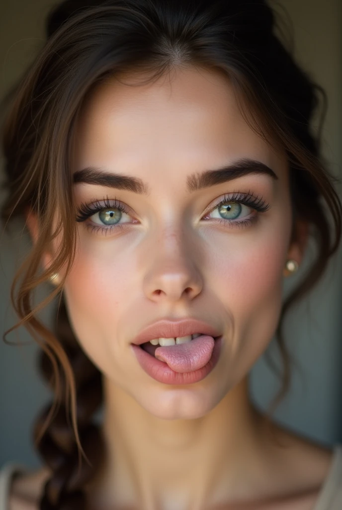 young female, brunette, beautiful face, selfie picture, braided ponytail, side braid, longeyelashes, sparkling eyes, pupils sparkling, makeup, tongue out, jpeg artifacts, masterpiece, high quality, award winning, best quality, highres