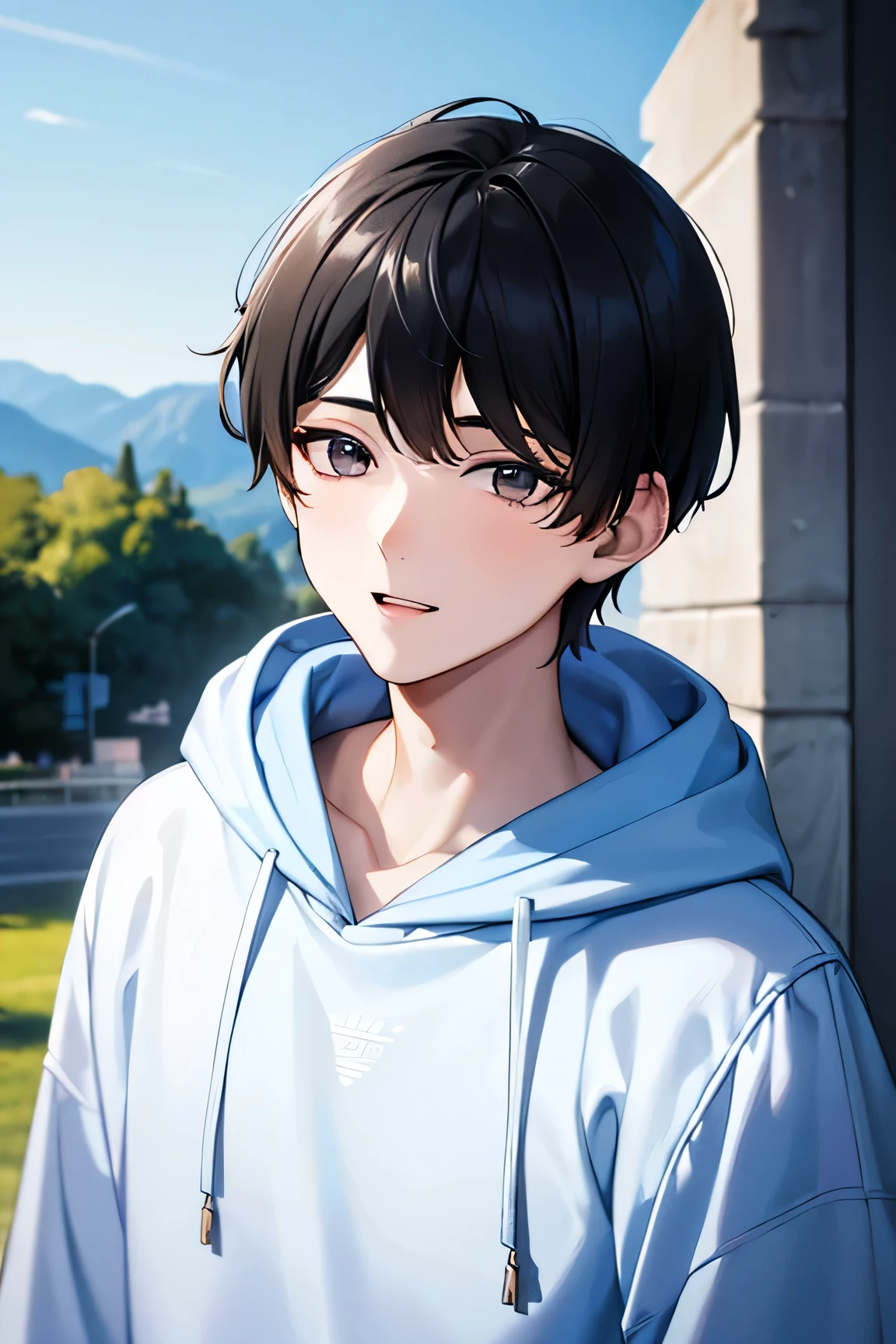 black hair, White skin, Age 18, boy, Short hair, Handsome, masterpiece, 8k, High Quality, PHOTO CARD, 귀엽고 Handsome boy, blue, prime, Refreshing, clear, Sky blue hoodie, Natural appearance, A little laugh, 