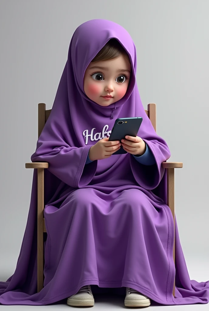 A little kid is in a purple burqa, the whole burqa is spread out, wearing a burqa and holding an iPhone style
in her hand, and she is sitting in chair
with ground and her shirt
written in the style (Hafsa).