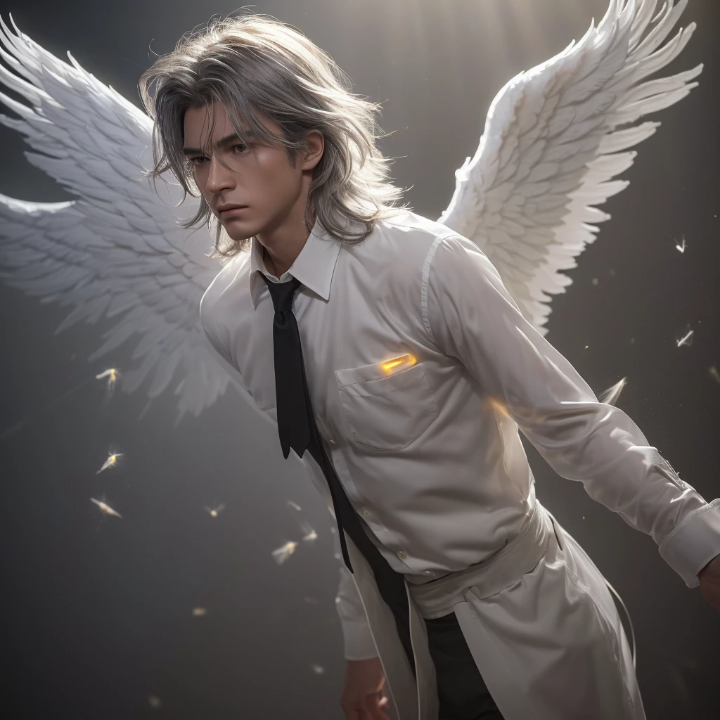 (masterpiece, Highest quality:1.3), (Very detailed:1.3), One person, alone, (Gray Hair, Messy Hair, Long Hair), (Angel Wings, Angel Halo), Flat Chest, Yellow Eyes, (White shirt, Black tie, Black coat, Open Court), Cowboy Shot, Cinema Lighting, (((Glowing light particles))), (Put your arms behind your back), Dynamic Angle,