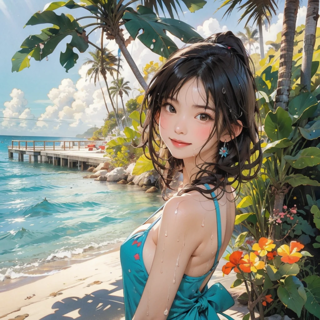 ((highest quality, masterpiece, High resolution)), ((reality)),Photos of beautiful Japanese women,((anime art))、 (((1 girl))), normal size breasts, slim body shape, long ponytail,double eyelid, Wet see-through micro bikini, A pareo with bold ethnic patterns and plenty of primary colors、(Brown skin:1.4),realistic skin、Wet,whole body,cinematic light、tropical、Against the background of palm trees on both sides、on a sunny beach、With the sea in the background、blur background、smile