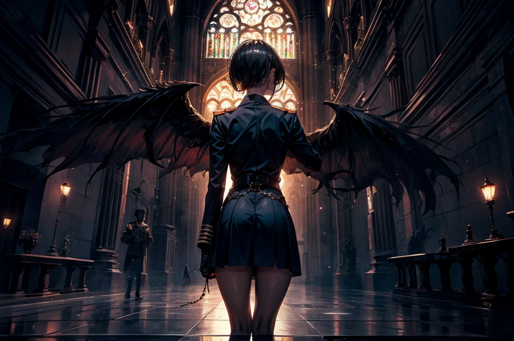work of art, best qualityer, high qualiy, detailed, ultra detailed, hyper detailed, insanely detailed, exotic, comely, HD, Full HD, 4K, 8k, 16K, high resolution, absurderes, abyss, cathedral, ((1 young boy)), Jumpy,(The angle is the rear view of the corner), wide plan,((shot back)),excitado, noisy, serious look, shorth hair, hair over one eye, Bblack hair, hair with highlights, Eyes red, military dress uniform, piercing, clamp, mitts, with a tattoo, ha, with microphone, beauty brand, wings, no concerto, dark atmospher, Academia Negra, darkness, backlight, backlight,adicionar_detail:1, adicionar_detail:0, adicionar_detail:0.5,insane, glare eyes, extra eyes, horor \(haa\)