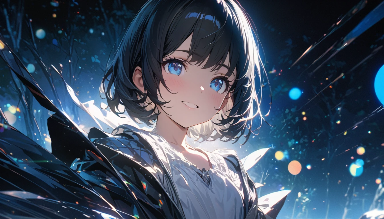 ((ultra-detailed))/(one women with short black hair and bob hair.、beautiful blue eyes,.、smile、gentle smile on her face、flat chest, one Beautiful girl,((masterpiece, illustration, best quality) ((ultra-detailed))/),a girl at a forest,濃い青とBeautiful Blueのグラデーション, High resolution, 8K HD detail, hyper-detail, cinematic, surrealism, soft light, deep field focus bokeh, ray tracing and surrealism. --v6