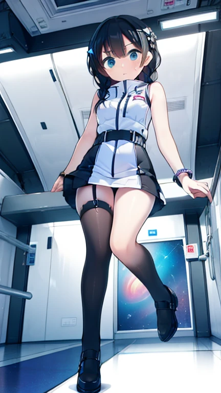 (Highest quality), (masterpiece), 1080P, High resolution, 4K, 8k, Inside the space station、Futuristic room、Thigh straps, Shooting from directly below, The woman on top of me, 白いSweat, Covered , Sweat, Woman looking down, Skirt swimsuit, Thigh-high socks, To achieve this, , , whole body, Black leather shoes, Braided hair, Inner Color, Embarrassed face, Short black hair, bracelet, Bedroom,celestial body_Vest
