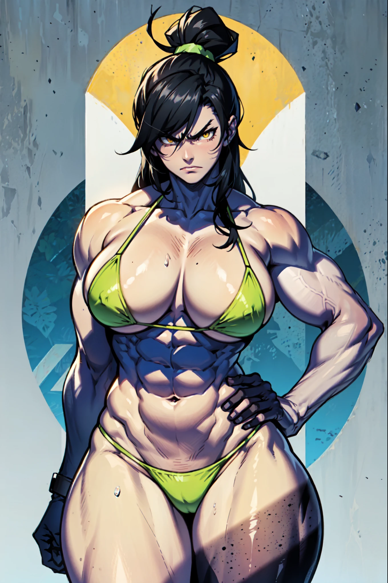 grey background micro bikini 1girl black hair yellow eyes very long hair pale skin angry (bodybuilder huge breasts muscular toned body curvy wide hips thick thighs)