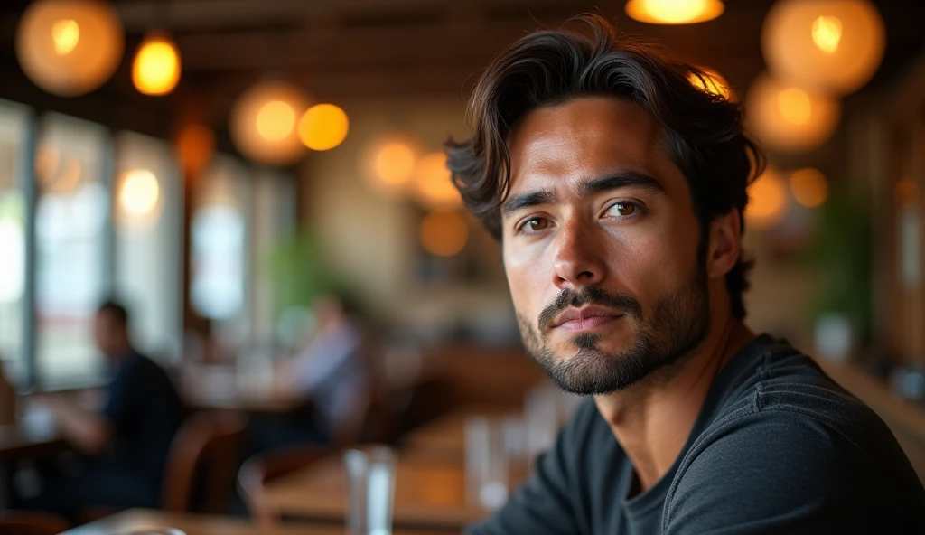 Create a real professional photo of a man in an indoor setting, suggesting a restaurant. The man should be slightly to the right of center, looking directly at the camera with a serious, thoughtful expression. He should have short, slightly wavy dark brown hair and a thin beard evenly distributed across his face. The lighting should be soft and from the left (from the viewer's point of view), evenly illuminating the man's face and creating subtle shadows on the right. The background should be a restaurant with blurred elements, including tables, chairs, bokeh pendant lights and some blurred people in the background to add depth to the image. Use a natural and warm color palette, with wood tones and soft lighting, creating a warm and vibrant atmosphere. The image should be of high resolution and professional photographic quality, with attention to detail and realism.