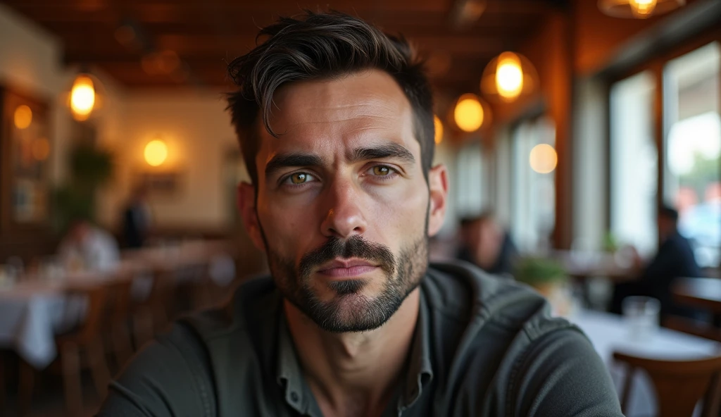 Create a real professional photo of a man in an indoor setting, suggesting a restaurant. The man should be slightly to the right of center, looking directly at the camera with a serious, thoughtful expression. He should have short, slightly wavy dark brown hair and a thin beard evenly distributed across his face. The lighting should be soft and from the left (from the viewer's point of view), evenly illuminating the man's face and creating subtle shadows on the right. The background should be a restaurant with blurred elements, including tables, chairs, bokeh pendant lights and some blurred people in the background to add depth to the image. Use a natural and warm color palette, with wood tones and soft lighting, creating a warm and vibrant atmosphere. The image should be of high resolution and professional photographic quality, with attention to detail and realism.