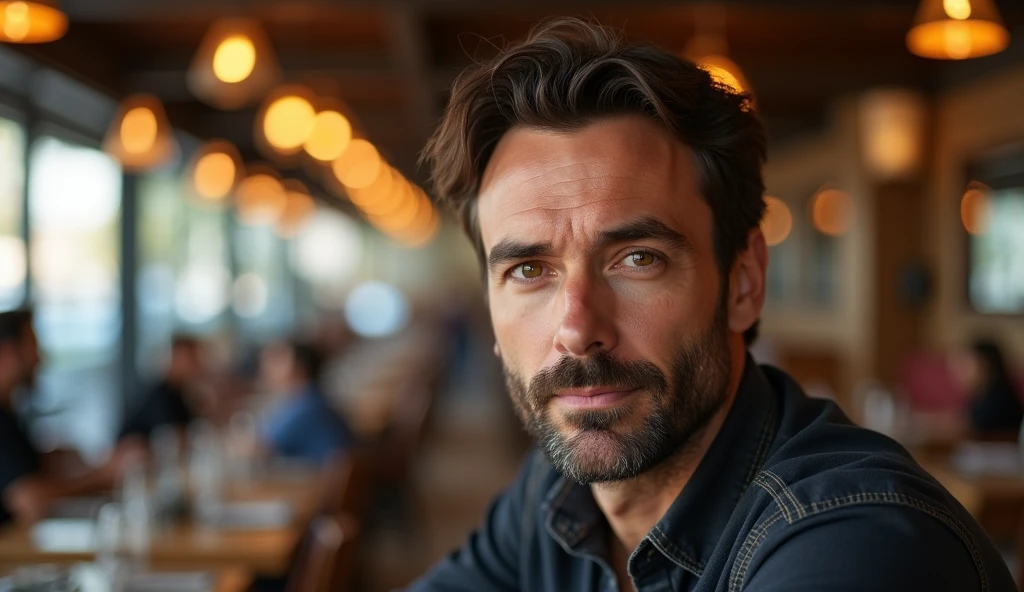 Create a real professional photo of a man in an indoor setting, suggesting a restaurant. The man should be slightly to the right of center, looking directly at the camera with a serious, thoughtful expression. He should have short, slightly wavy dark brown hair and a thin beard evenly distributed across his face. The lighting should be soft and from the left (from the viewer's point of view), evenly illuminating the man's face and creating subtle shadows on the right. The background should be a restaurant with blurred elements, including tables, chairs, bokeh pendant lights and some blurred people in the background to add depth to the image. Use a natural and warm color palette, with wood tones and soft lighting, creating a warm and vibrant atmosphere. The image should be of high resolution and professional photographic quality, with attention to detail and realism.