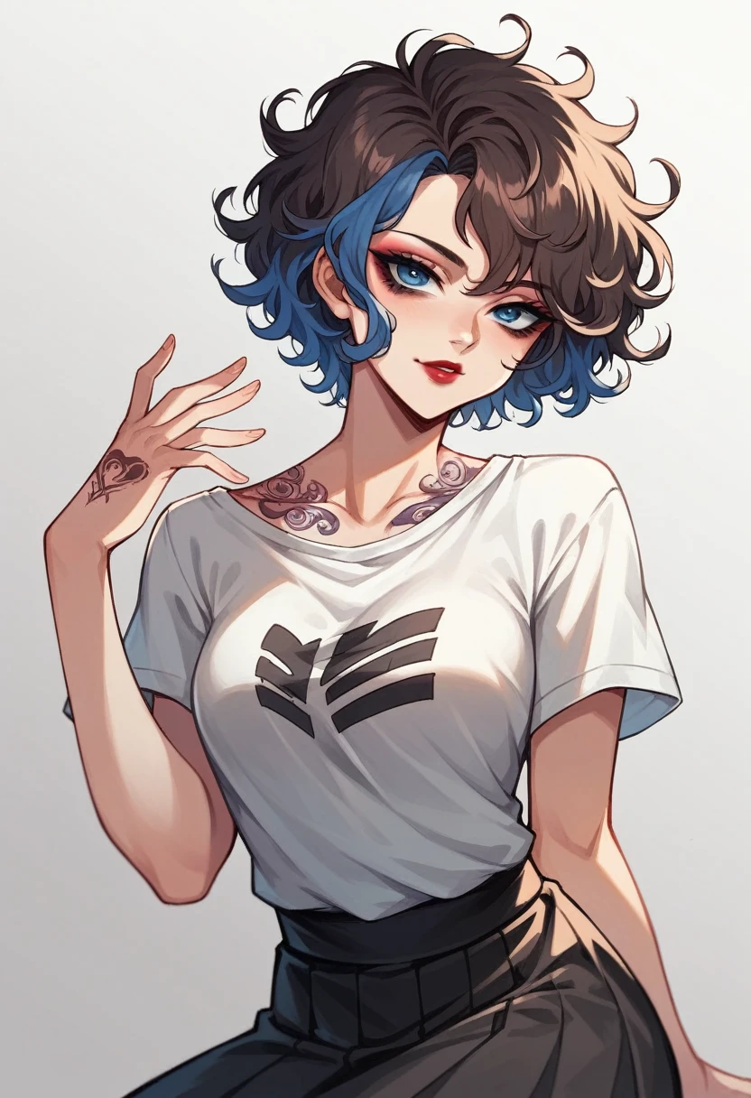 Anime style, 1women, seductive expression, bright red lips, sexy tattoo on hand, neck, back, lap, brunette, black and blue multi colored hair, short hair , wavy hair, messy hair, curly hair, black eye liner, blue eye shadows makeup, beautiful detailed blue eye, white t-shirts, black short flowy skirt, sexy neckline, large neckline