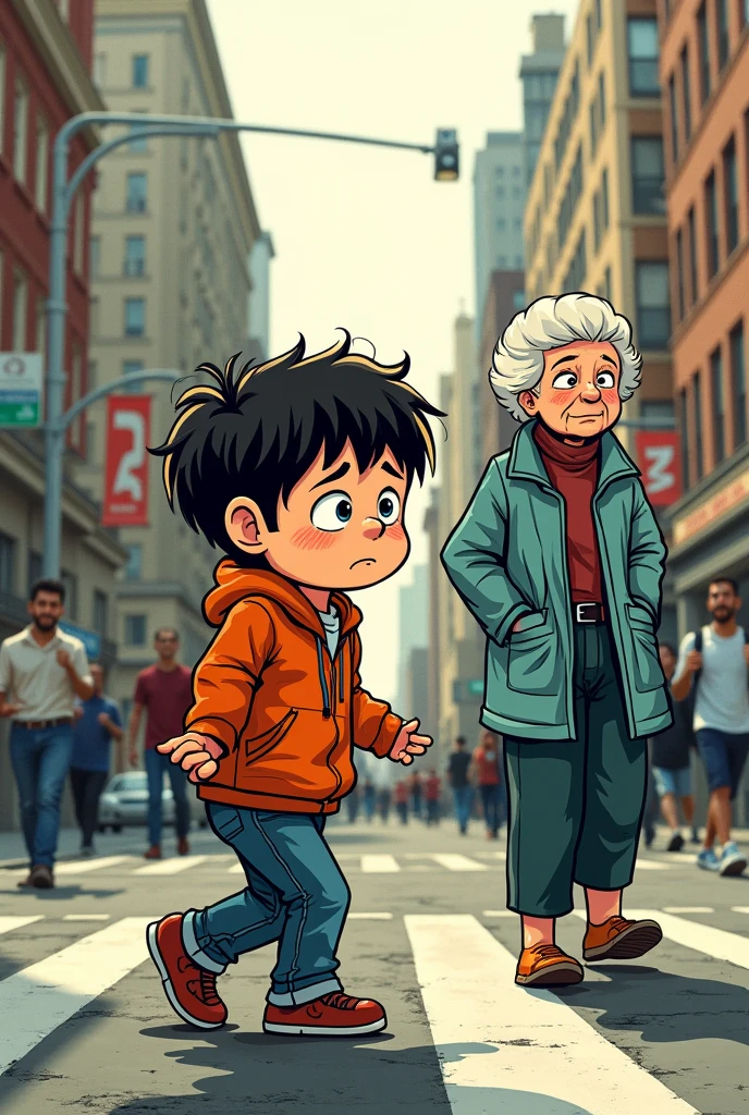 comic, Boy wants to shove his grandmother on the street, but he thinks about whether he really wants to do that