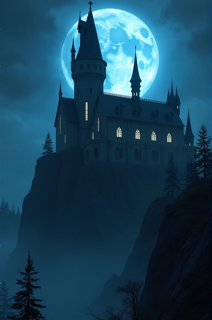 a gothic castle, with large windows from which blue light emanates