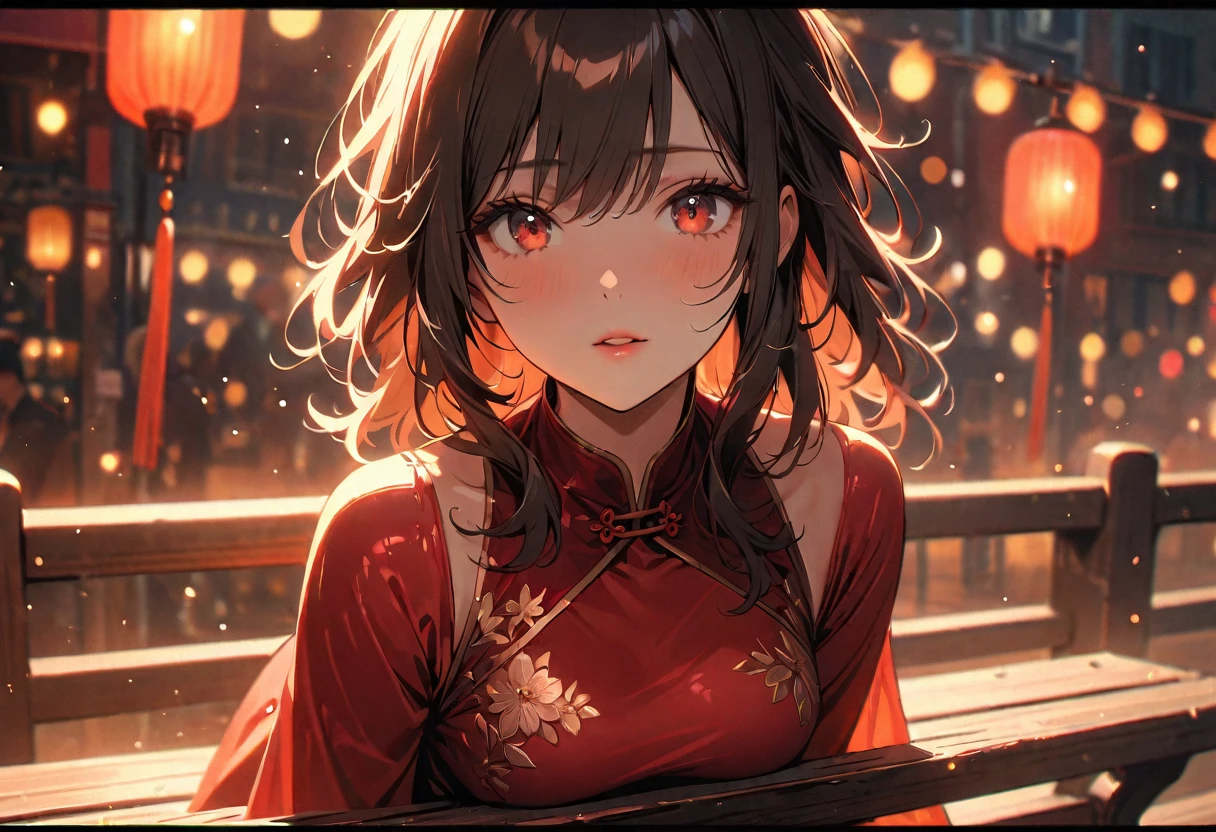 (best quality,4k,8k,highres,masterpiece:1.2),ultra-detailed,red light street,girl,beautiful detailed eyes,beautiful detailed lips,extremely detailed eyes and face,long messy hair,white with pink flowers detail dress,Chinese style dress,close shot,sexy pose,bench,light particles,romantic ambiance,attractive,provocative,alluring,powerful gaze,vintage vibe,warm color palette,soft focus,gentle lighting