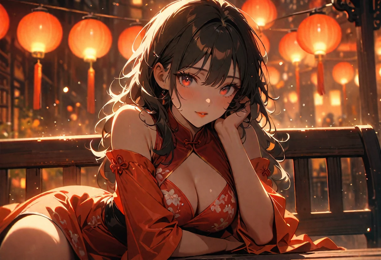 (best quality,4k,8k,highres,masterpiece:1.2),ultra-detailed,red light street,girl,beautiful detailed eyes,beautiful detailed lips,extremely detailed eyes and face,long messy hair,white with pink flowers detail dress,Chinese style dress,close shot,sexy pose,bench,light particles,romantic ambiance,attractive,provocative,alluring,powerful gaze,vintage vibe,warm color palette,soft focus,gentle lighting