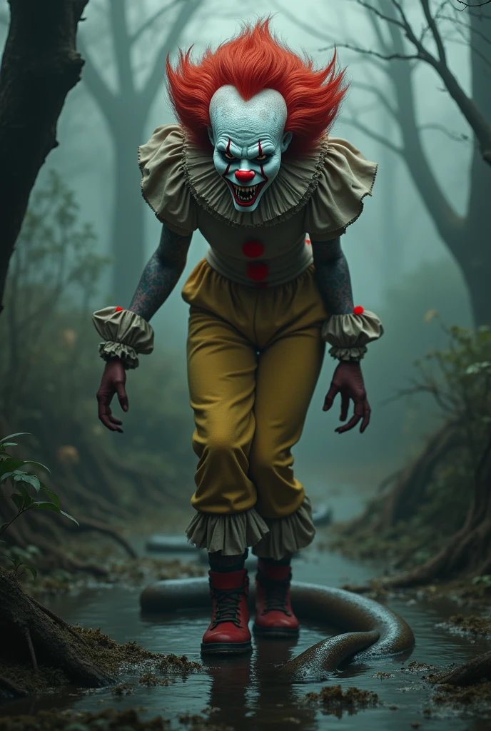 Red-haired snake woman,in a killer clown costume,in a swamp,fully body