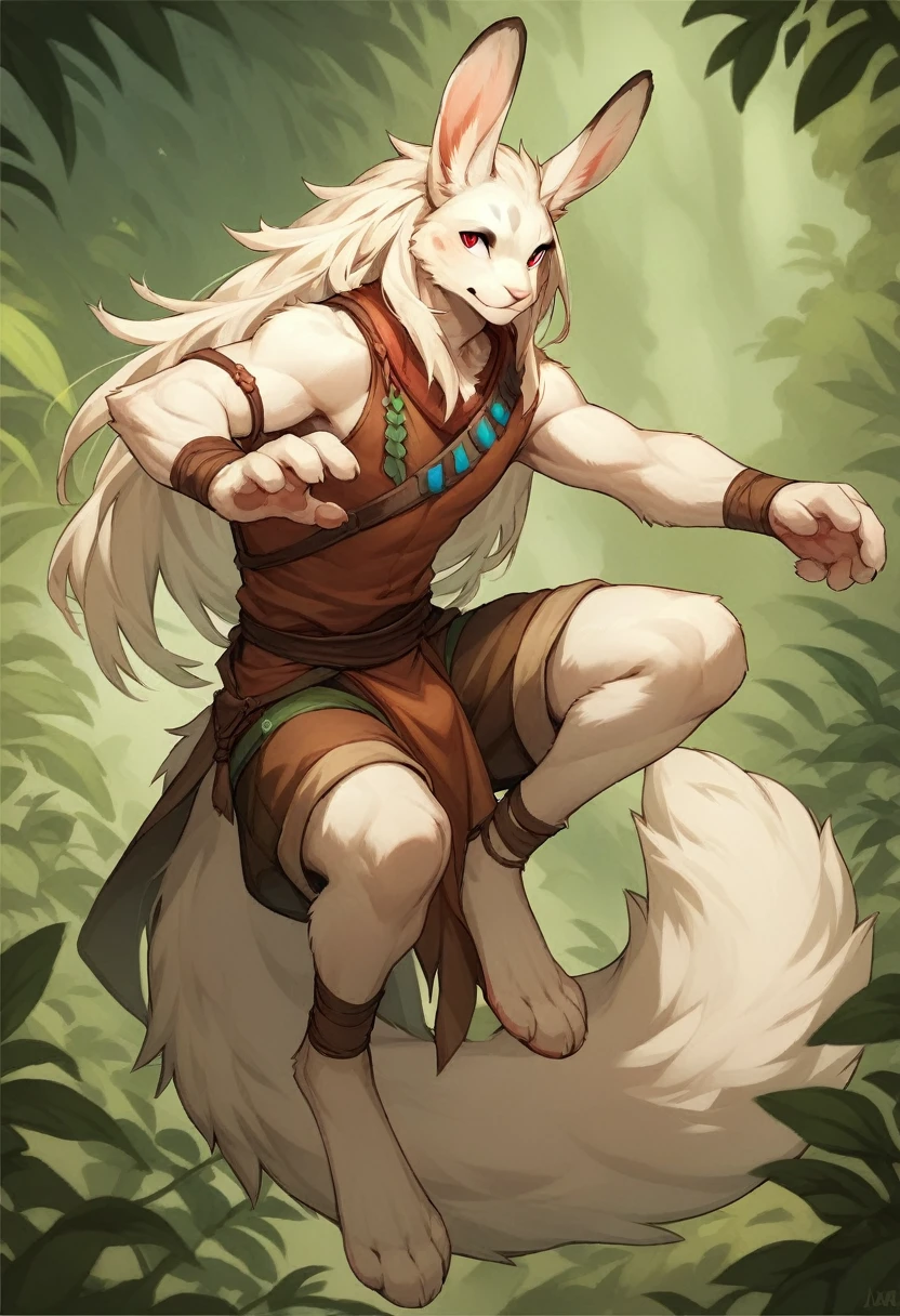 Male bunny, lean and short and long body, white fur, long hair, whole body, pose, red eyes, bow in hands, long legs, fluffy tail, in the clothes of a jungle hunter