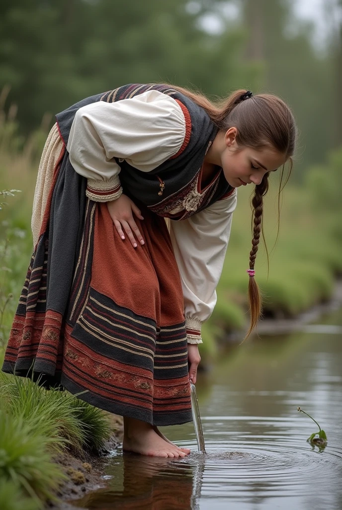 The girl is Kazakh by nationality,  she bent over in a traditional costume to collect water from the stream, and one of her breasts fell out.