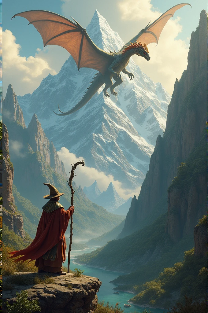 Create an image for me of: a landscape with three mountains, one a little further ahead, another a little deeper and another even deeper, on top of these mountains there is a huge dragon, on top of the mountain ahead there is a superior wizard aiming with his staff to hit the dragon with a spell