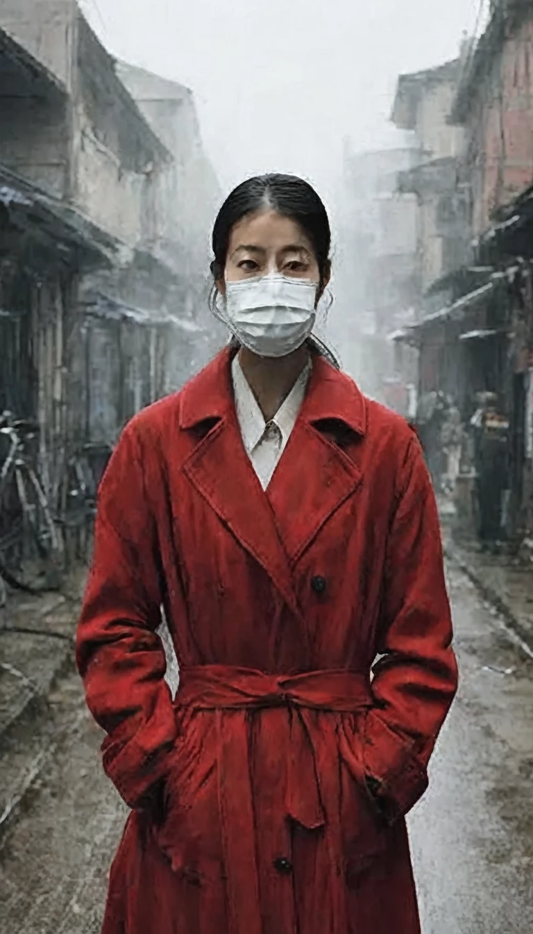 "Create a haunting image of a woman with a terrifying appearance. She is dressed in a long, traditional red coat, slightly tattered at the edges, and wears a white surgical mask. The woman has long, straight black hair that falls over her shoulders and partially obscures her face. Her eyes are wide, piercing, and filled with a menacing glare. The mask is pulled down slightly to reveal her mouth, which is unnaturally wide, slit from ear to ear, with a jagged, gory grin. She is standing in a dimly lit urban street at night, with fog swirling around her feet and a sense of dread in the air. The overall atmosphere is dark, eerie, and unsettling, with muted colors that emphasize the horror of the scene.