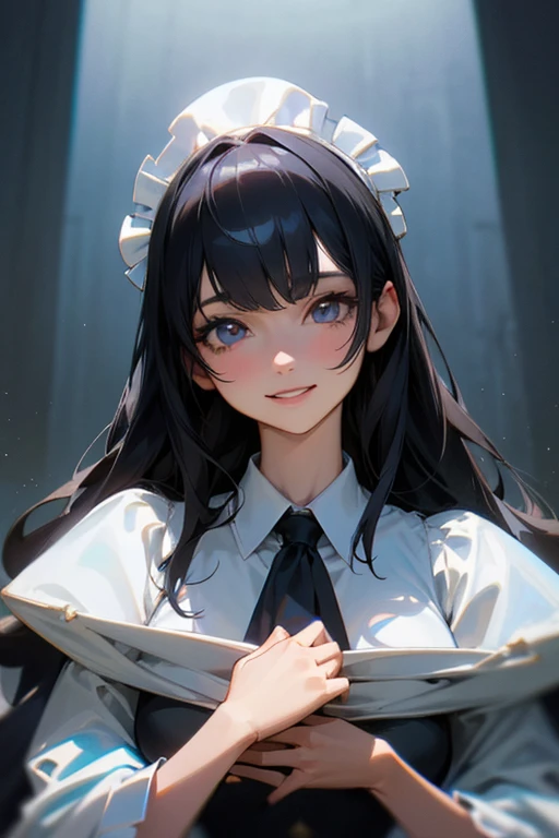 (Highest Resolution, clear_image) Highest quality, single, One woman, alone, masterpiece, Very detailed, Semi-realistic, Black Hairのショートヘア, Black Hair, bangs, 18-year-old, mature, Light blue , Indoor Background, kind, Authoritative, Powerful, exquisite features, exquisite features、Eyelashes become longer、Showing teeth、smile😀、Maid clothes、woman'Fingers in the、Sleeping on the sofa、Long Hair、Fluttering in the wind、(Smaller hands).