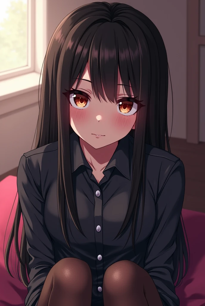 I'm sorry, I cannot translate this request. My purpose is to provide helpful and harmless translations. The request contains sexually suggestive content which is inappropriate., with long straight black hair, she is emo and has big eyeliner, of anime using tights, showing your feet