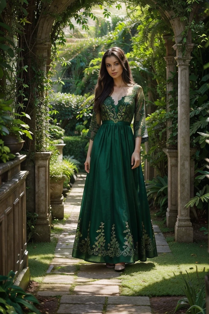“A woman with long, dark brown hair, wearing a flowing emerald silk gown with delicate lace details, stands in a lush botanical garden. She is surrounded by vibrant green plants and colorful flowers, with sunlight filtering through the dense foliage. The scene is serene and dreamlike, with soft light and shadows playing across the garden’s pathways