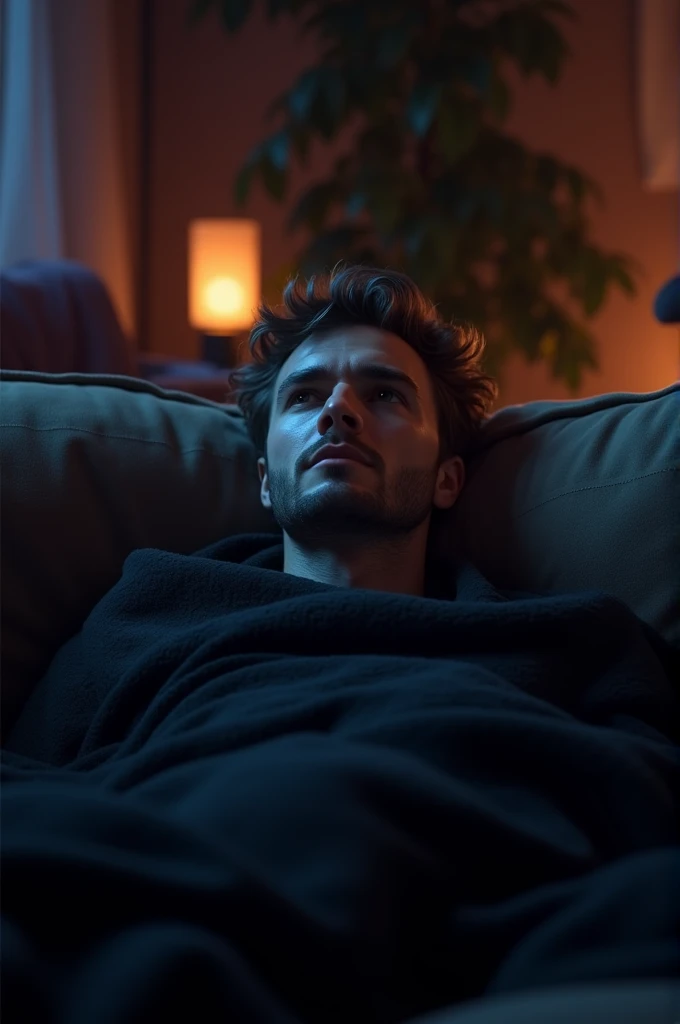 I want an image of a 30-year-old man with a blanket lying on the couch watching a movie. The blanket is black and the guy is white.