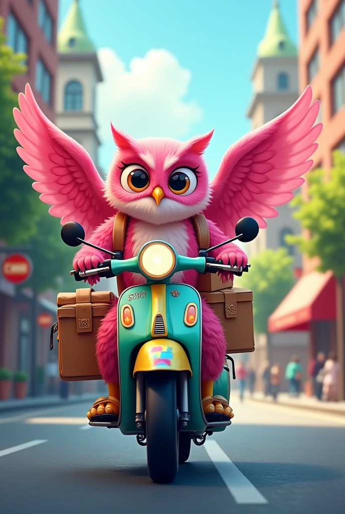 Un buho rosa delivery en moto con mochila 
