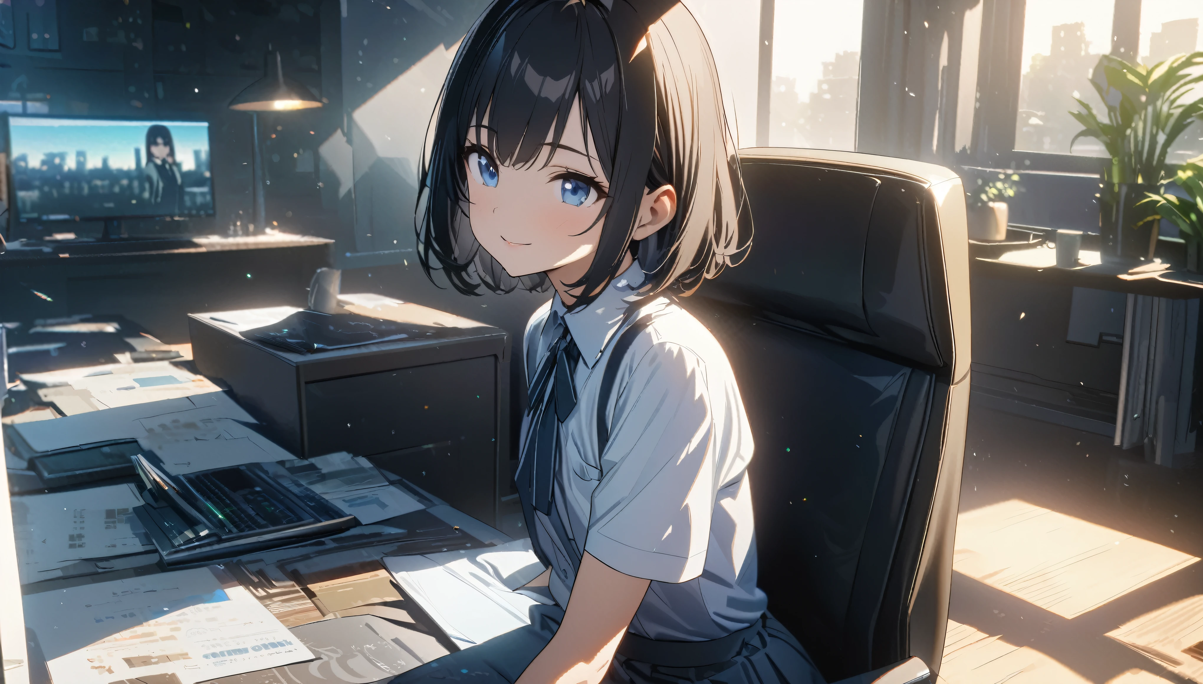 ((ultra-detailed))/(one women with short black hair and bob hair.、beautiful blue eyes,.、smile、gentle smile on her face、flat chest, one Beautiful girl,((masterpiece, illustration, best quality) ((ultra-detailed))/),a girl at her office room, sitting on her chair while there are plants in the background, wearing professional formal clothes,濃い青とBeautiful Blueのグラデーション, High resolution, 8K HD detail, hyper-detail, cinematic, surrealism, soft light, deep field focus bokeh, ray tracing and surrealism. --v6
