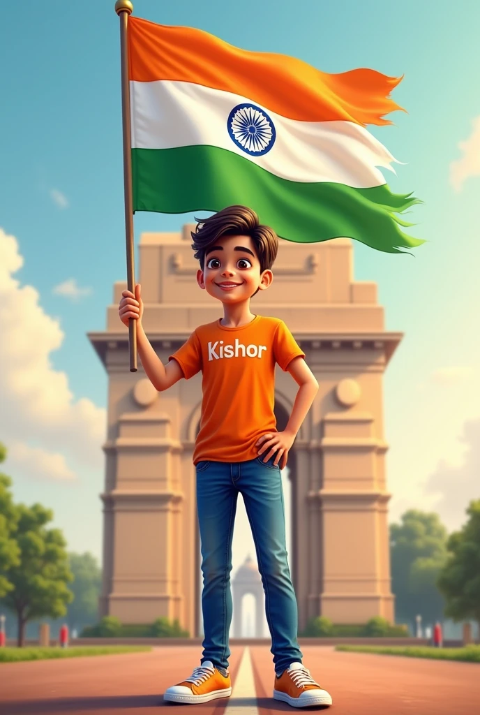 A real 20 years old boy, Wearing Orange T shirt blue jeans sneakers and the name "Kishor" is written on his t-shirt and the boy is standing on the road with holding a national flag of India, and behind him is the India gate Delhi. And "Happy Independence Day 2024" written at above sky Create Realistic image high quality.