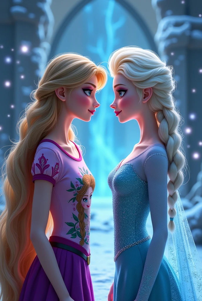 Rapunzel wearing a Taylor Swift t-shirt fighting Elsa wearing a Lana Del Rey t-shirt