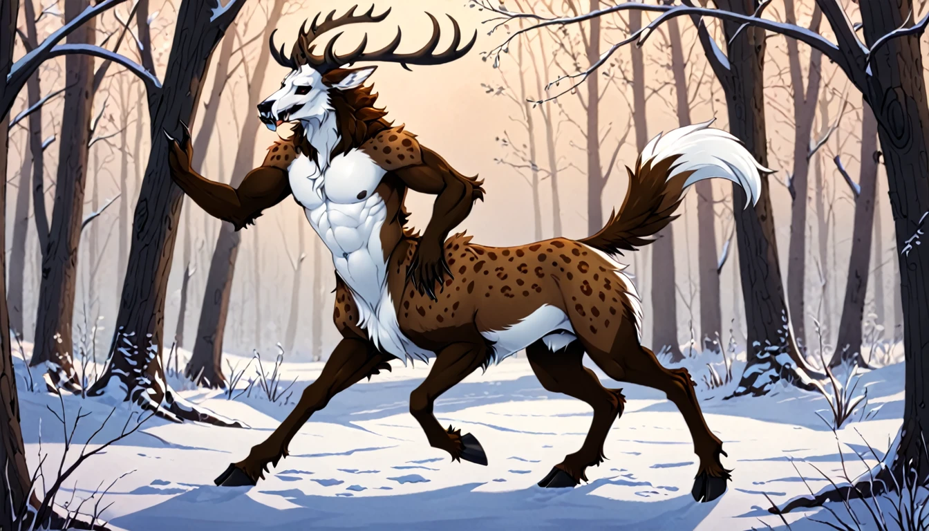 Solo, furry, male, wendigo taur, brown spotted fur, white belly, outdoors