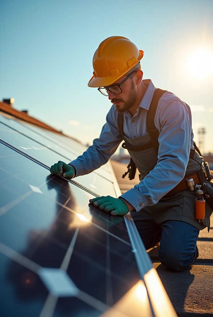 a man in a hard hat is working on a solaire panel, solaire, solaire power, renewable énergie, la mise sous tension, rooftop solaire panels, solaire panels, vibrant et puissant, photo de profil, solaire punk, exploitation minière, clean énergie, débutant, solairepunk, entretien, solaire powered, 2 0 2 2 photo, énergie, brillant avenir, solaire punk product photo, superpuissances de l&#39;électricité