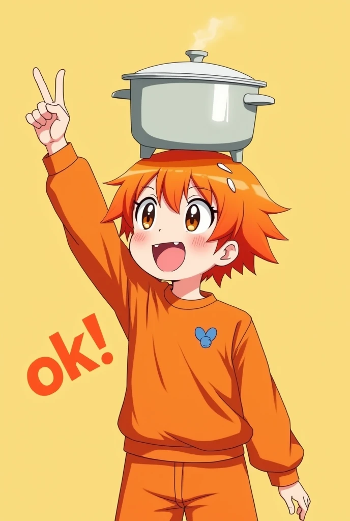 Nhân vật anime trong trang phục orange color đang đội chiếc nồi cơm điện orange color trên đầu, smiling brightly and raising a hand, thumb and index finger are touching each other to form a circle, next to it is the text "ok!" orange color.
