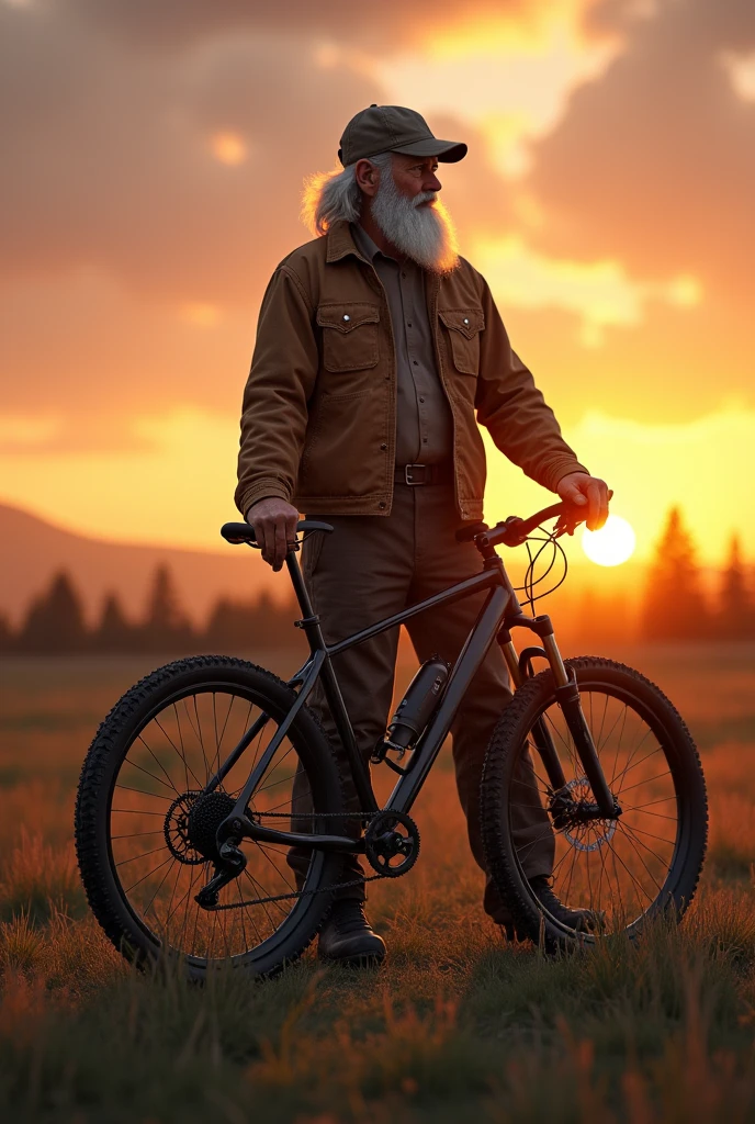 On white bearded lumberjack cyclists holding their black Mountain bike and looking at the horizon, watching the sunset