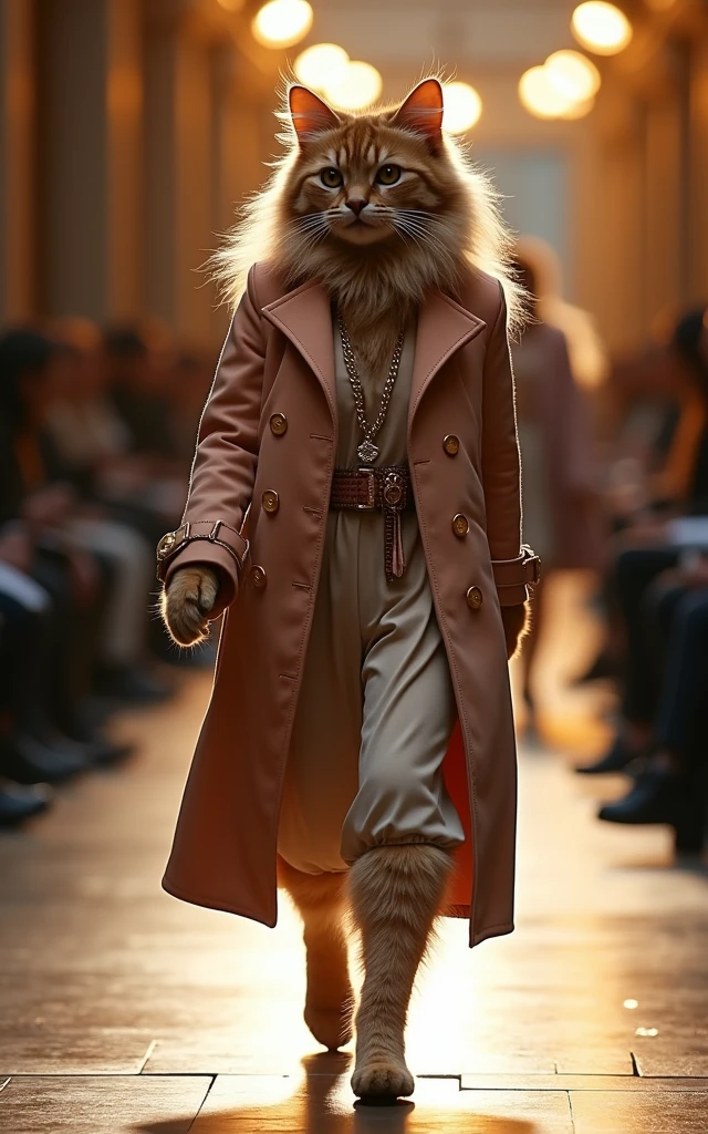 Full-length portrait, fashion photography, photorealistic, anthropomorphic norwegian forest catcat, walking, dynamic pose, fashion runway: cat wearing fashionable clothing, women's clothing, Chanel style, Paris fashion show, gorgeous lighting