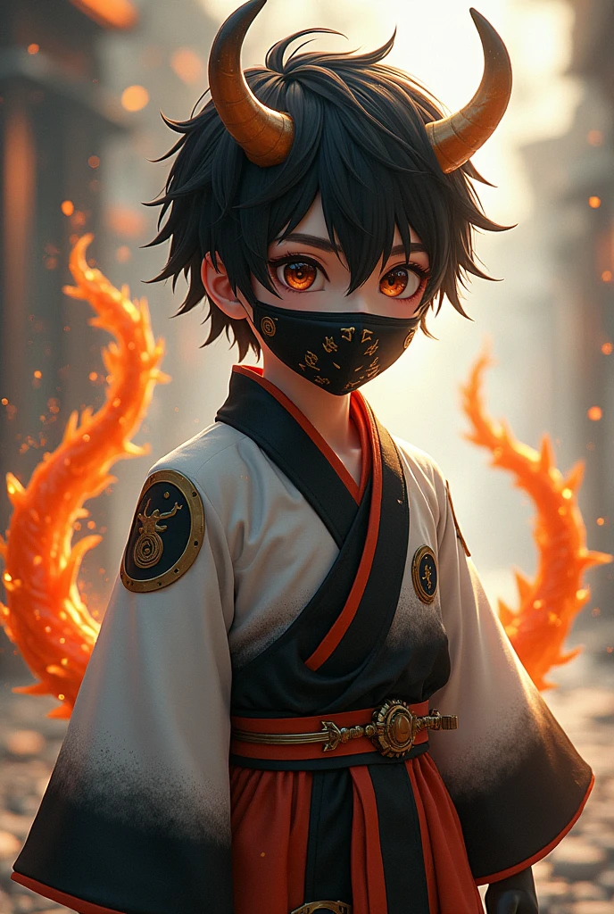 Make a young boy black hair brown eyes that has a japan mask on him and a orange tail and a black white orange costume and has a yin yang power the twindemons
