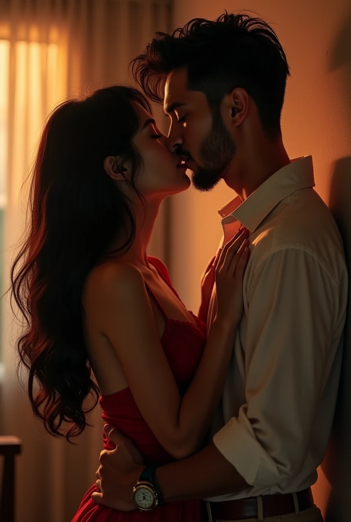 "A Korean girl with long black hair, Wearing a red lace camisole , in a dimly lit room . The scene is in ridiculously high resolution, Super sharp details, With stunning 8K picture quality. The art is a true masterpiece, Shows Korean girl kissing her boyfriend " 1 American man in Colombia, stark, BRAÇOS starkS, ((muscular and tall)),Youngh, A graduated beard and short, black, cut hair, face a little Wide from a white blouse and wide black cotton pants, light brown. Kissing, they are leaning against the wall, he holds her arms against the wall.